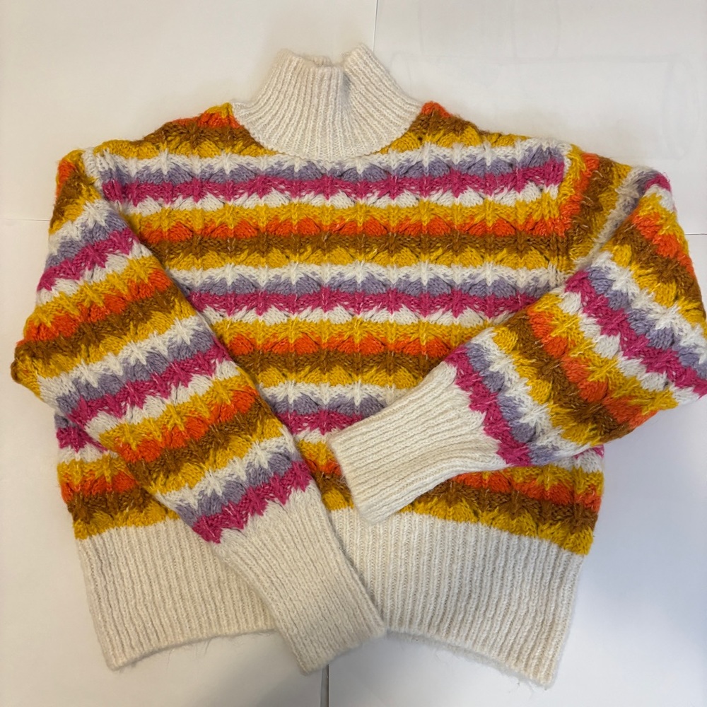 ZARA  Chunky Woven Knit Jacquard Rainbow Sweater Striped Weave
